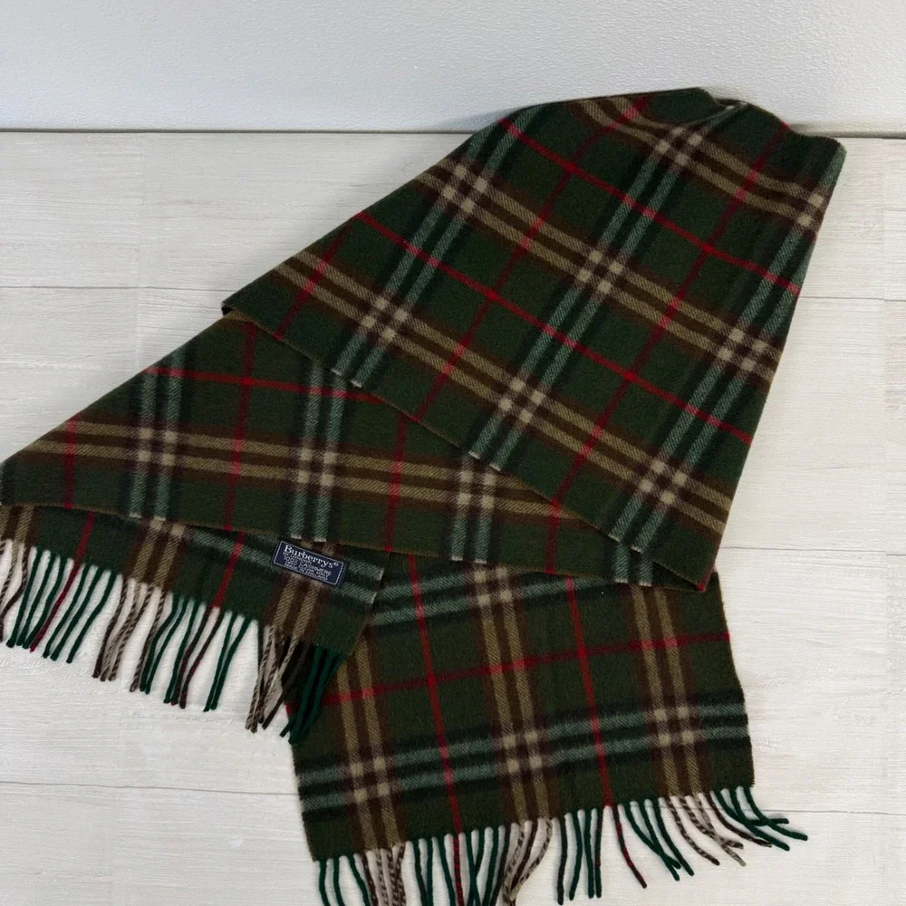 Vintage Burberry Cashmere Scarf Unisex Green Plaid Nova Check Heritage Luxury